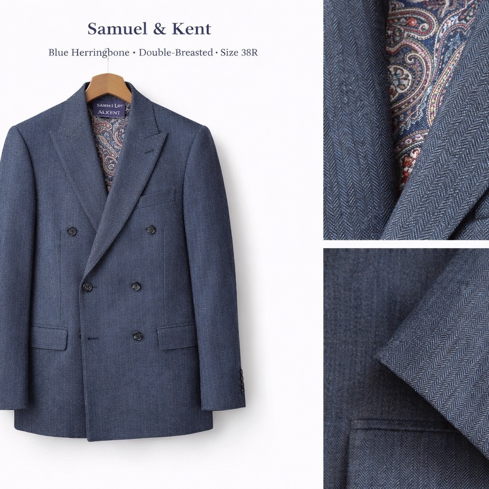 Blue Herringbone Double-Breasted Blazer - 38R